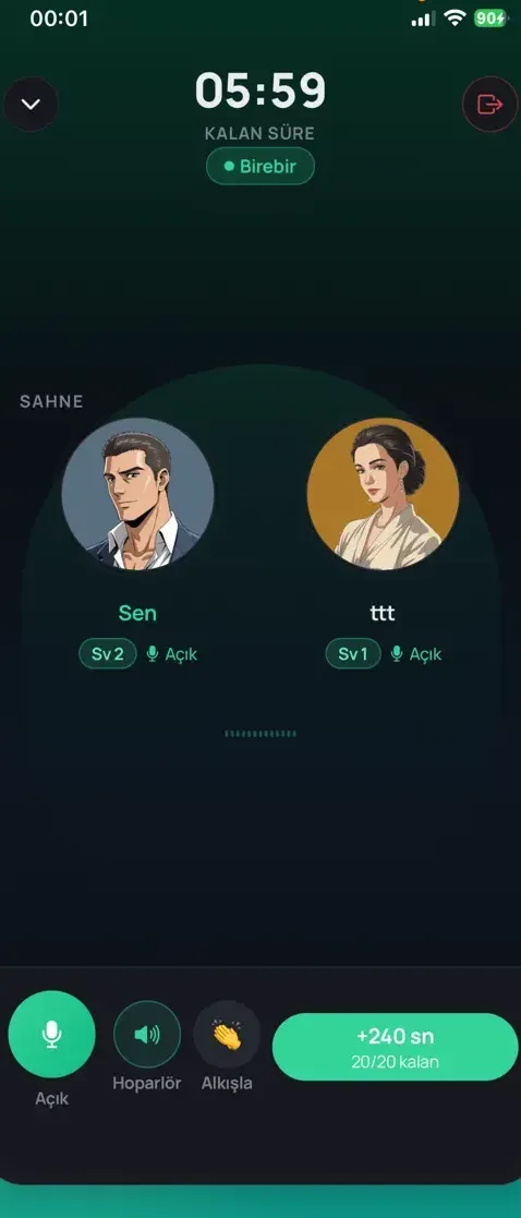 Voice room screen: two speakers on stage